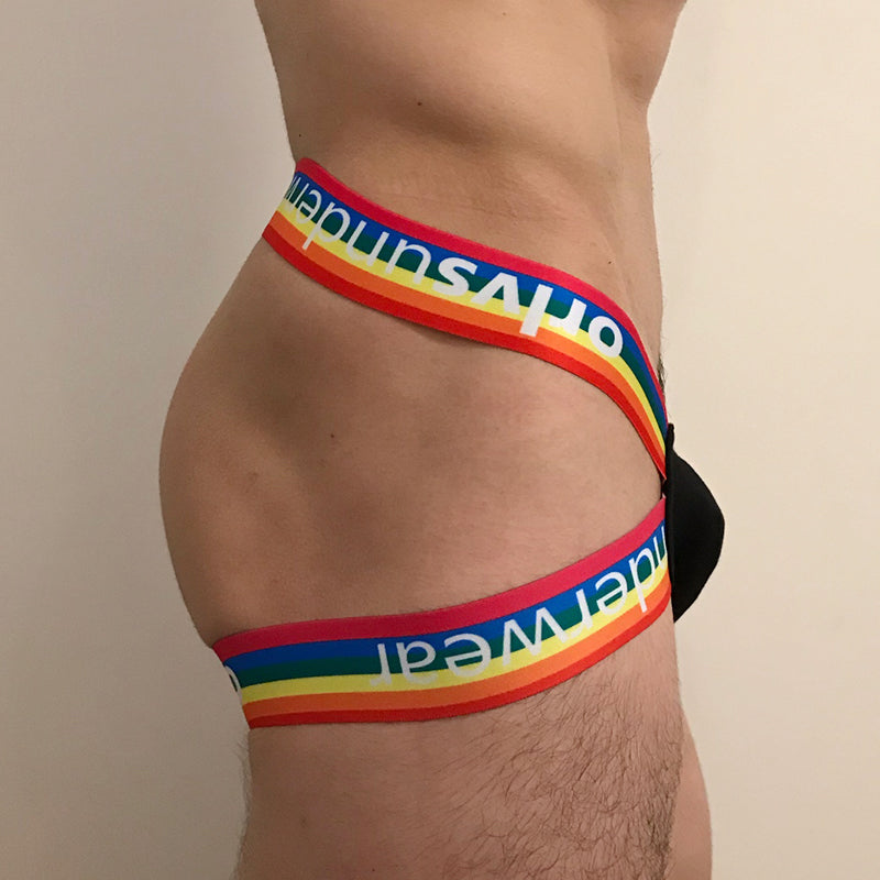 Double-Strap Men’s Thong – Rainbow Waistband Low Rise Underwear OR505 | VMee