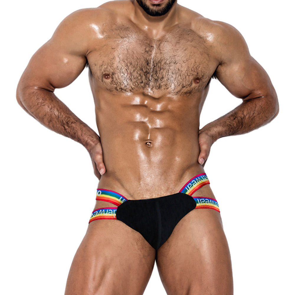 Double-Strap Men’s Thong – Rainbow Waistband Low Rise Underwear OR505 | VMee